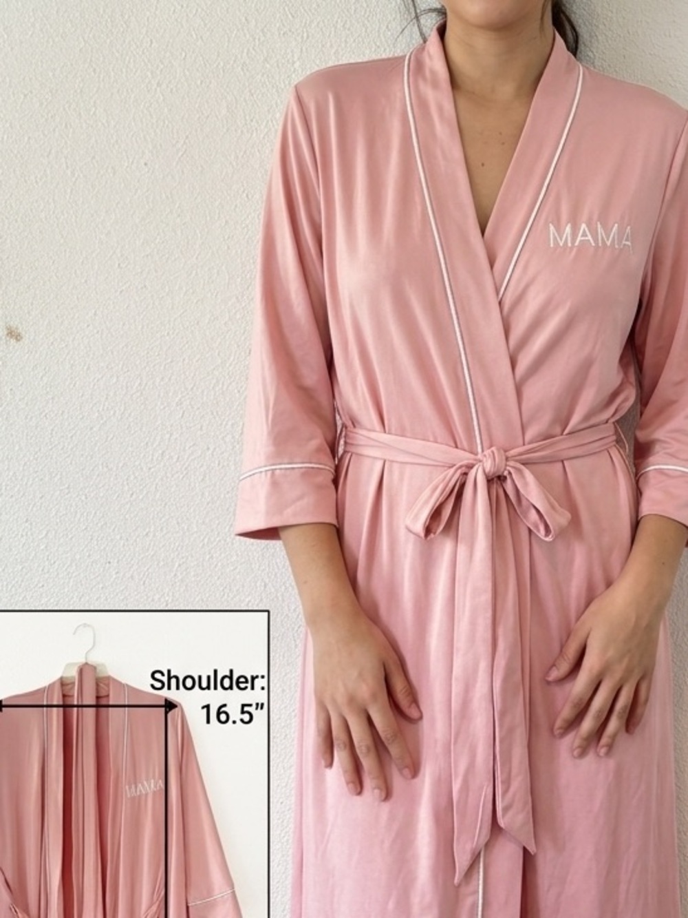 Embroidered 'MAMA' Satin Robe in Blush Pink